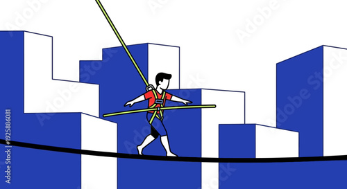 Man balances on tightrope above cityscape buildings