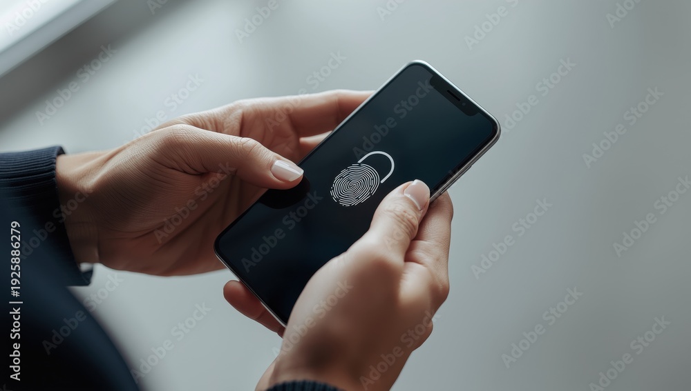 Fototapeta premium Person's hands holding a phone displaying a fingerprint scanning app
