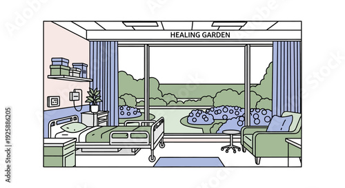 Serene hospital room with healing garden view, peaceful illustrations of medical care and nature therapy