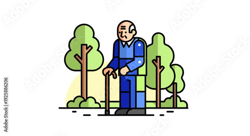 Elderly man with walking sticks standing in a serene park surrounded by trees and lush greenery viewed from the side
