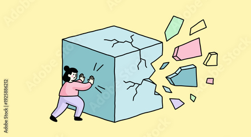 Woman breaking through a cracked blue cube with fragments flying outward