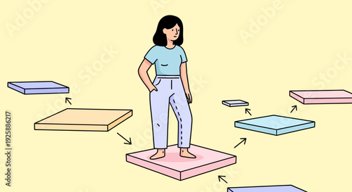 Woman standing on a pink platform surrounded by floating platforms in a minimalist illustration
