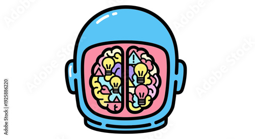 Illustration of a cartoon astronaut helmet showing a vibrant brain inside, symbolizing creativity and exploration