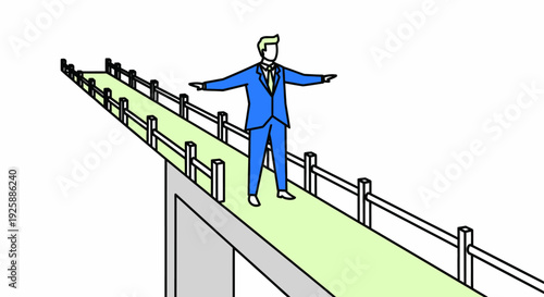 Man in blue suit balancing on narrow bridge with outstretched arms