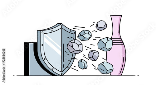 Shield protecting a bottle from falling ice cubes in a secure environment illustration