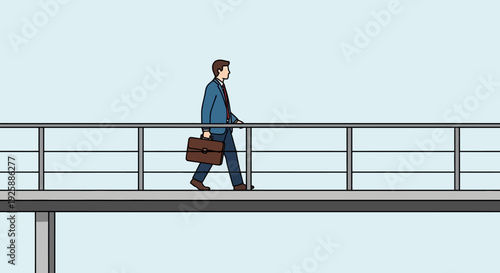 Man walking on pedestrian bridge carrying briefcase in urban setting