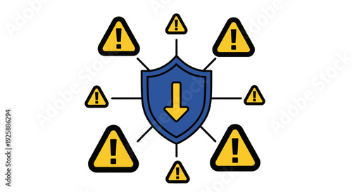 Security shield surrounded by warning signs indicating potential threats and danger nearby