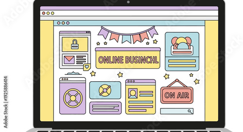Online business launch illustration on laptop screen displaying vibrant icons and banners