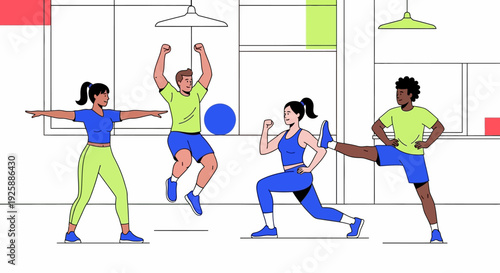 People exercising together in a modern studio with various workout poses and movements