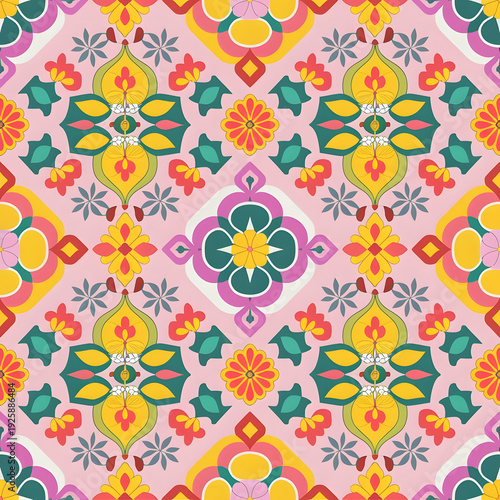 vector seamless repeating rangoli pattern in flat vector style. The design features symmetrical geometric shapes, floral motifs, peacocks, lotus flowers, and traditional oil lamps (divas).