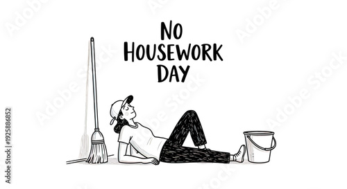 Man Relaxing on Floor with Cleaning Tools.