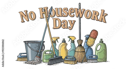 No Housework Day Cleaning Supplies Illustration.