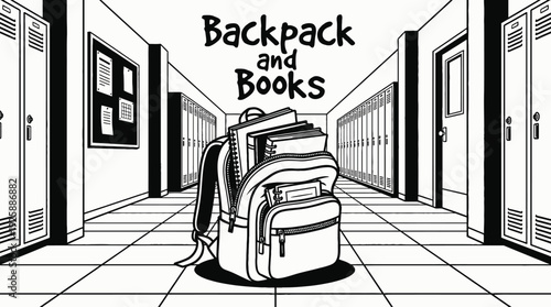 backpack filled with books in a school hallway representing academic life preparation learning journey and student routine