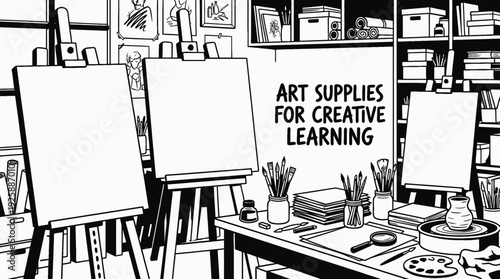 Art supplies arranged in a creative studio representing artistic education creativity skill development and visual learning