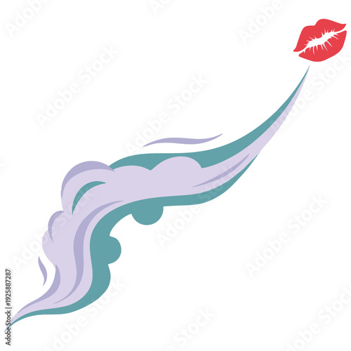 Kiss mark illustration depicts a vibrant red lipstick impression trailing into elegant abstract flowing shapes of teal and purple symbolizing romance and beauty