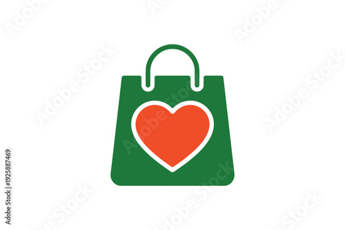 Green Shopping Bag with Red Heart Graphic