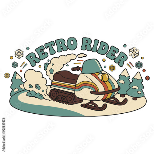 Retro Rider Vintage Snowmobile Illustration with Colorful Stripes