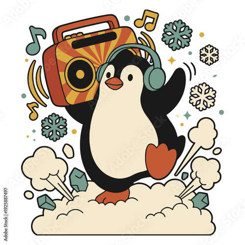 Retro Penguin Character with Headphones and Boombox Dancing in Snow