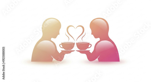 Two people sharing coffee cups with heart shaped steam symbolizing friendship and love