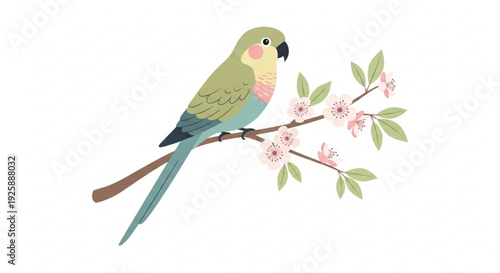 Colorful parrot perched on a blooming cherry blossom branch with green leaves and pink flowers isolated on white background