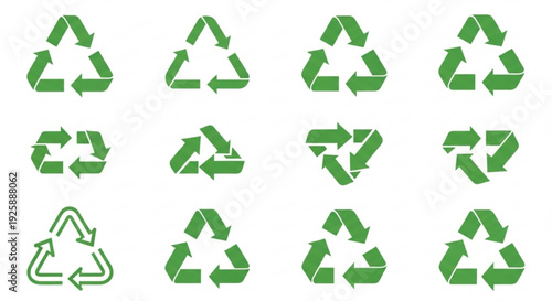 Collection of green recycling symbols on white background eco friendly icons for sustainability and environmental conservation