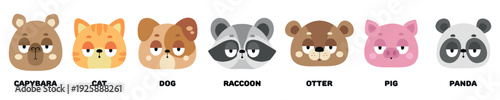 A collection of cute funny animal faces. Vector illustration in flat style isolated on a white background