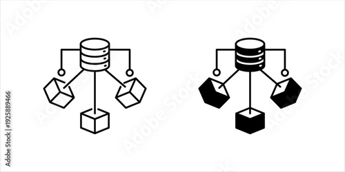Clean outline icon showing a central database connected to multiple nodes, representing distributed systems, cloud computing, data sharing, blockchain, and decentralized infrastructure. Perfect for te