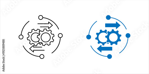 Minimal line icon set. of gears surrounded by circular arrows, representing workflow automation, continuous process improvement, and operational efficiency.