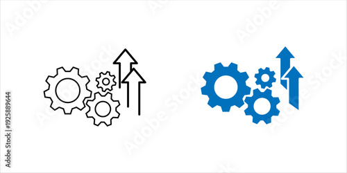 Minimal line icon featuring interlocking gears and upward arrows symbolizing business growth, process automation, productivity improvement, and scalable systems. Ideal for fintech, startup, and digita