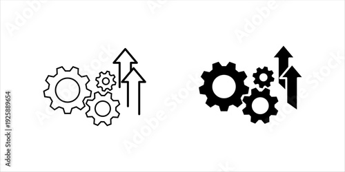 Minimal line icon featuring interlocking gears and upward arrows symbolizing business growth, process automation, productivity improvement, and scalable systems. Ideal for fintech, startup, and digita