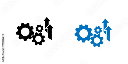 Minimal line icon featuring interlocking gears and upward arrows symbolizing business growth, process automation, productivity improvement, and scalable systems. Ideal for fintech, startup, and digita