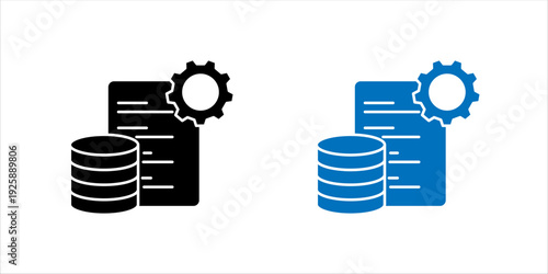 Minimal line icon SET. of database stack connected with document and gear, representing database management, system configuration, and data administration.