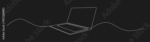 Minimalist Line Art Laptop with Wavy Line on Black Background