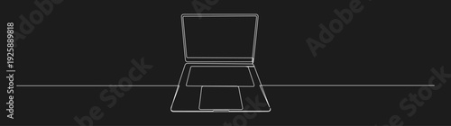 Minimalist one continuous line drawing of an open laptop computer on a black background