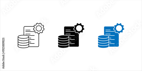 Minimal line icon SET. of database stack connected with document and gear, representing database management, system configuration, and data administration.