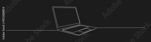 Continuous one line drawing of a laptop computer with screen, keyboard, and trackpad on a desk, minimalist technology illustration