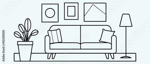 Living Room Interior Line Art: Sofa Plant Floor Lamp and Artwork on Wall