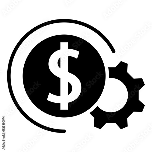 Line icon of dollar symbol integrated with gear and circular arrows, representing financial systems, fintech automation, and digital payment processes.