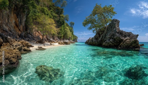 Serene Tropical Cove - Crystal Turquoise Water, Lush Cliffs, and Secluded Rocky Island Paradise.