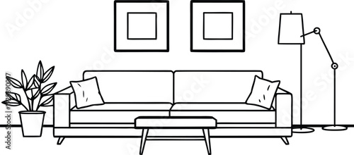 Living Room Furniture Arrangement with Sofa Coffee Table Floor Lamp and Wall Art Line Drawing