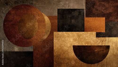 Textured Metallic Geometric Abstract Art - Gold, Copper, Black Shapes, Industrial Chic Design.
