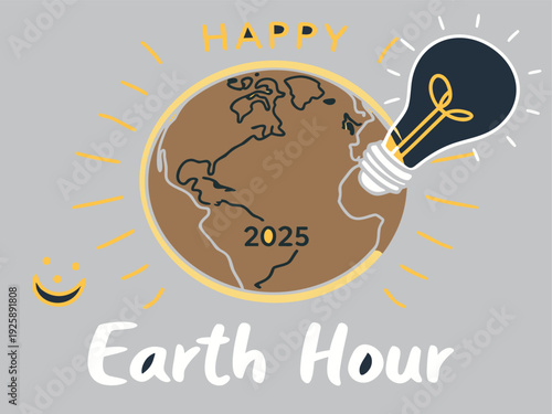 Happy earth hour 2025 logo with a light bulb and globe on a gray background
