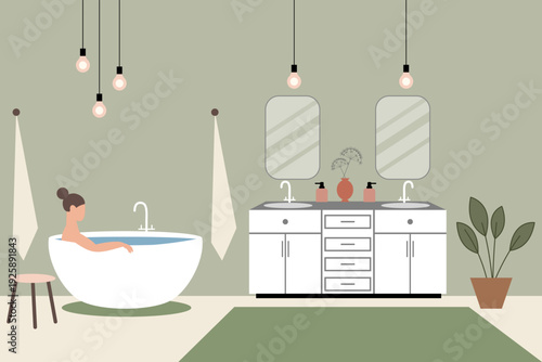 Young woman with high hair bun taking a bath in a modern bathroom