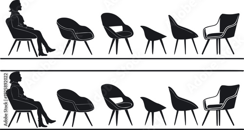 Silhouette of a woman sitting in various chairs in a row