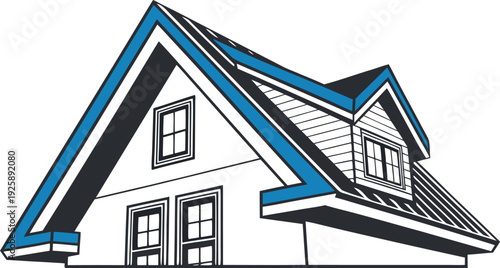 A detailed illustration of a house with blue roof trim and white siding