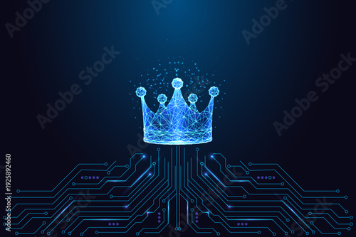 Digital Crown Symbol. Leadership, Success and Achievement in Futuristic Tech Mesh Vector