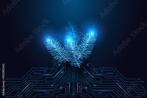 Futuristic pine tree branches on glowing circuits, holiday nature tech concept vector illustration