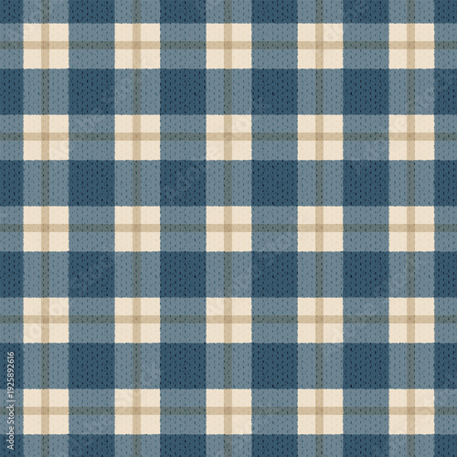Seamless blue and cream knitted plaid vector pattern with a cozy wool sweater texture
