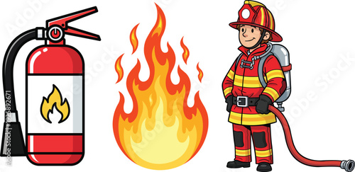 Firefighter with fire extinguisher and flames