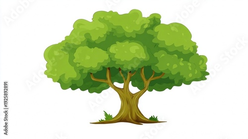 A cartoon illustration of a green tree with a thick trunk and lush foliage.